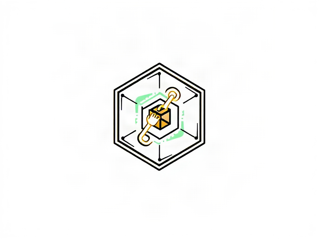 Minimalist logo of a chain link integrated with a digital cube, clean white background, bright and modern, 8k